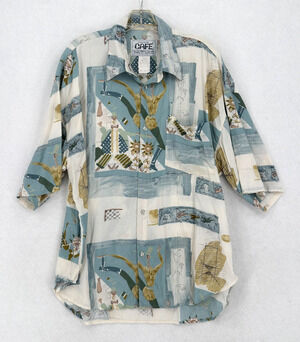 Vintage CAFE Mens Abstract Artsy Graphic Short Sleeve Camp Shirt Sz US XL